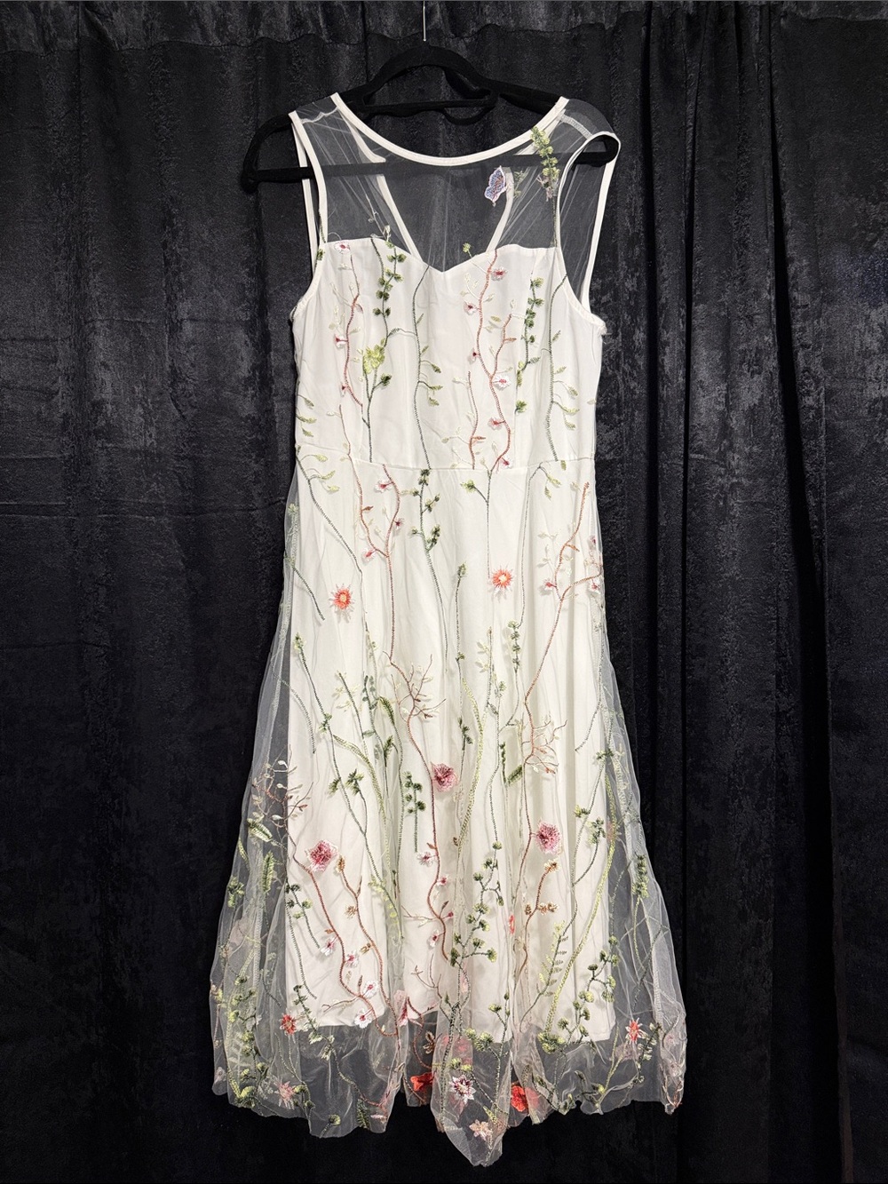 Floral Embroidered White Mesh Sundress